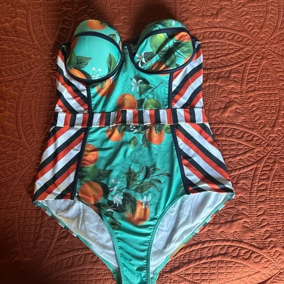 Modcloth Retro Orange and Green One Piece Swimsuit - Picture 1 of 4